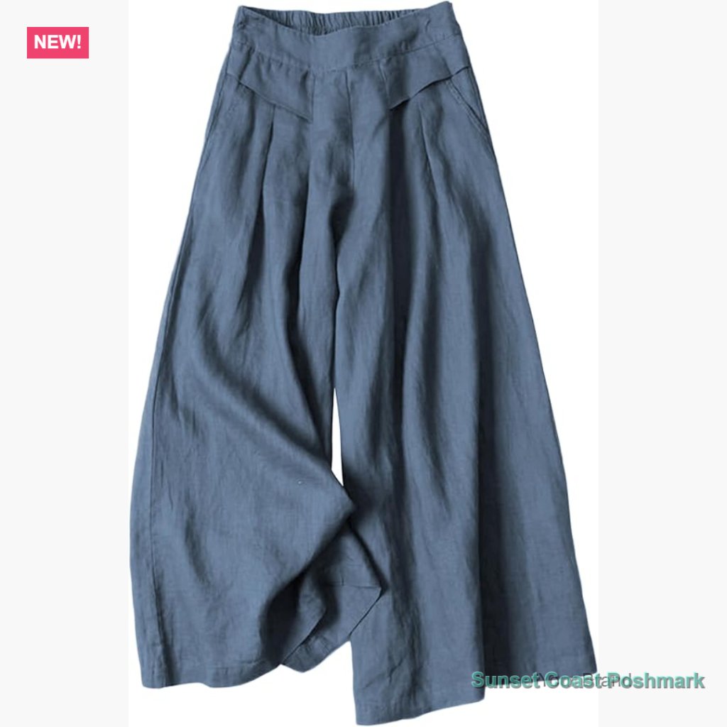 Cotton Linen Culottes Elastic Waist Wide Leg Palazzo Pants